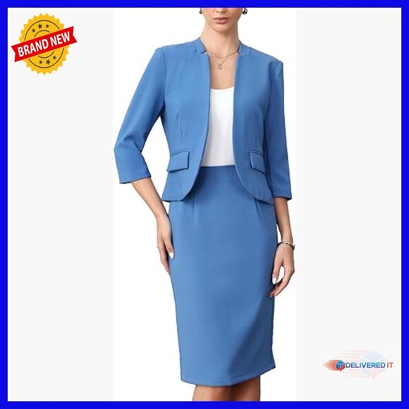 Jackets & Blazers - Collarless Blazer & Pencil Skirt Suit Set, Polyester Spandex, Professional
